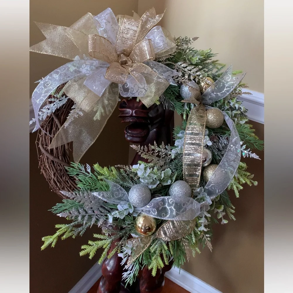 HAND CRAFTED Gold and Silver Ornament Embellished Christmas Wreath